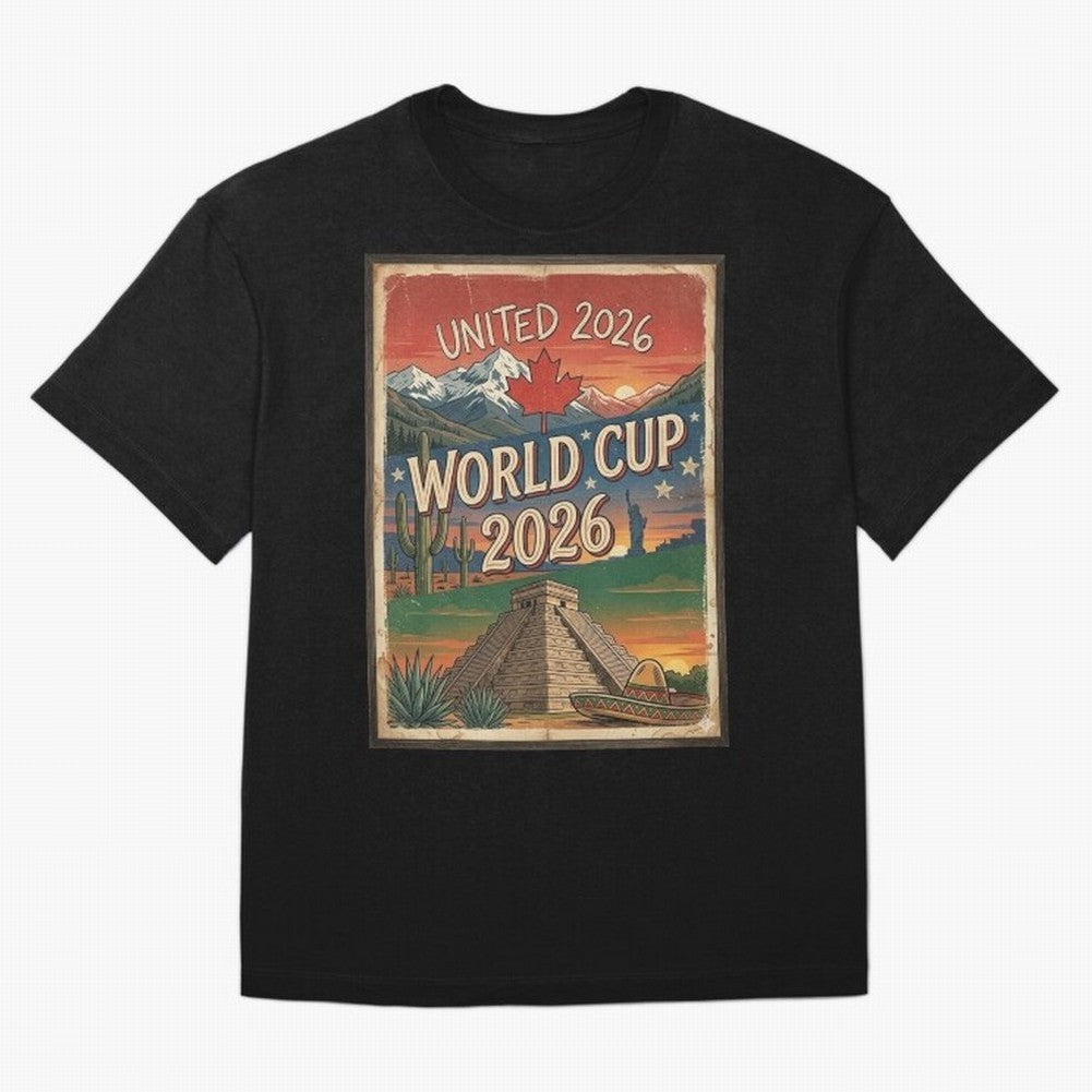 United 2026 World Cup ¨C Vintage North America Soccer Poster Oversized T-Shirt Upgrade the FIFA World Cup 2026 Group Stage Journey through Neymar Highlights, Spain Pride, Vintage Soccer Flavor, Modern Football Stars, National Flags and Final Night