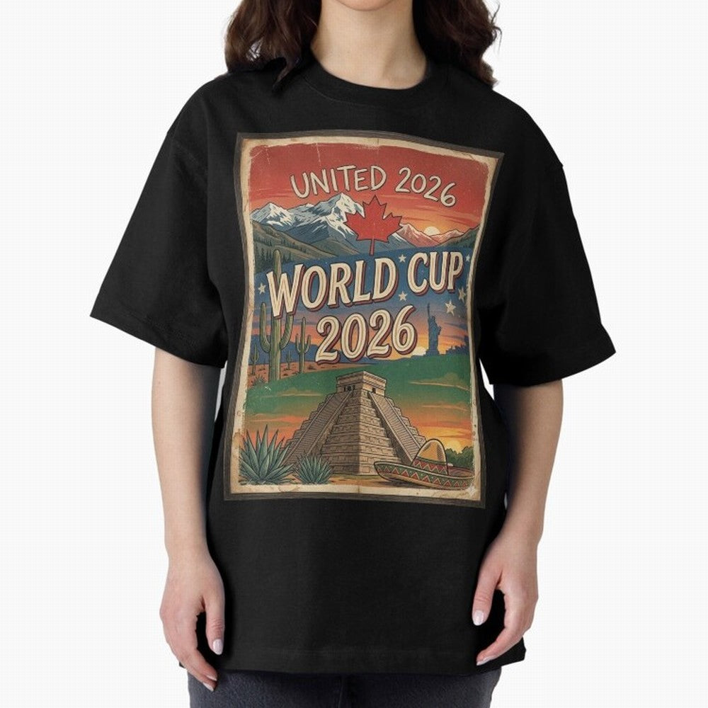 United 2026 World Cup ¨C Vintage North America Soccer Poster Oversized T-Shirt Upgrade the FIFA World Cup 2026 Group Stage Journey through Neymar Highlights, Spain Pride, Vintage Soccer Flavor, Modern Football Stars, National Flags and Final Night