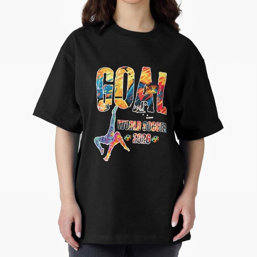 Goal World Soccer Championship 2026 Oversized T-Shirt Celebrate the Road through Global Football Passion for FIFA World Cup 2026 Group Stage, Capturing Neymar, Haaland and Cristiano Ronaldo, England and Germany, Football History, Final Match