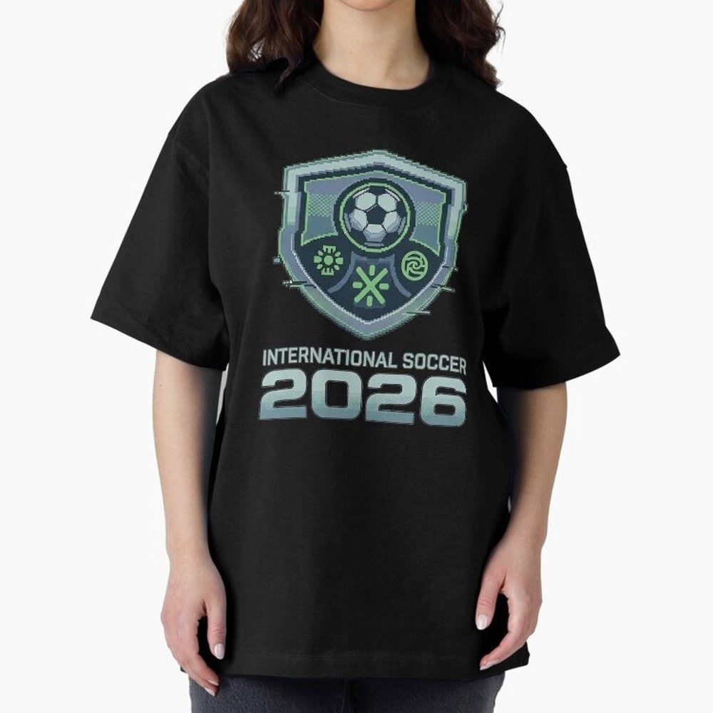 International Soccer 2026 Retro Pixel Glitch Crest Oversized T-Shirt Turn Up for FIFA World Cup 2026 USA Canada Mexico for Fans of Neymar and Portugal, Bringing Football History, Final Match Energy, Crowd Noise and Once in a Lifetime Moments;
