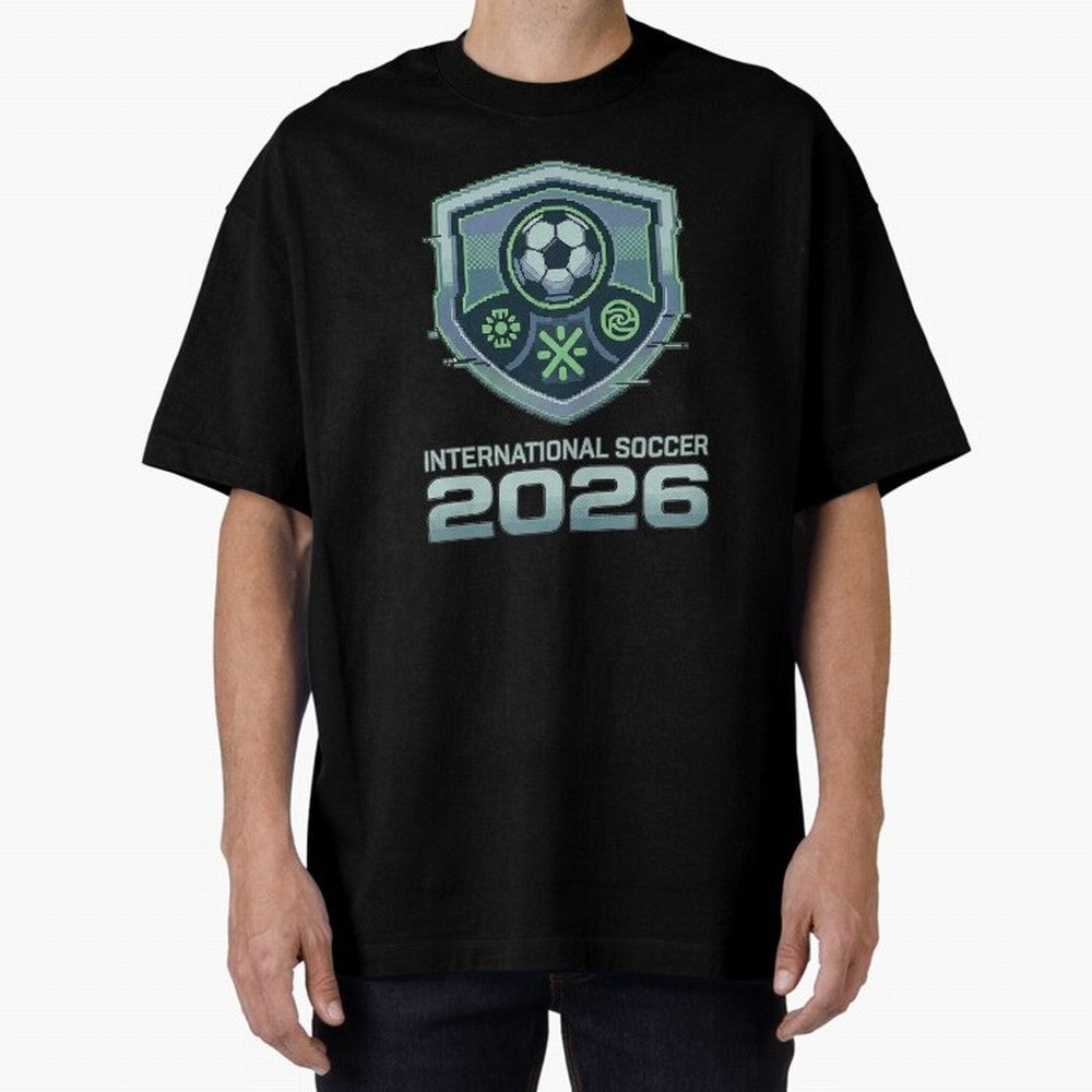 International Soccer 2026 Retro Pixel Glitch Crest Oversized T-Shirt Turn Up for FIFA World Cup 2026 USA Canada Mexico for Fans of Neymar and Portugal, Bringing Football History, Final Match Energy, Crowd Noise and Once in a Lifetime Moments;