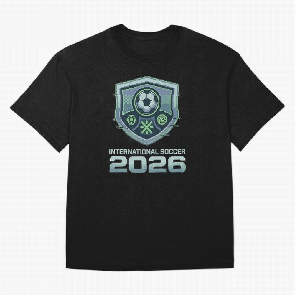 International Soccer 2026 Retro Pixel Glitch Crest Oversized T-Shirt Turn Up for FIFA World Cup 2026 USA Canada Mexico for Fans of Neymar and Portugal, Bringing Football History, Final Match Energy, Crowd Noise and Once in a Lifetime Moments;