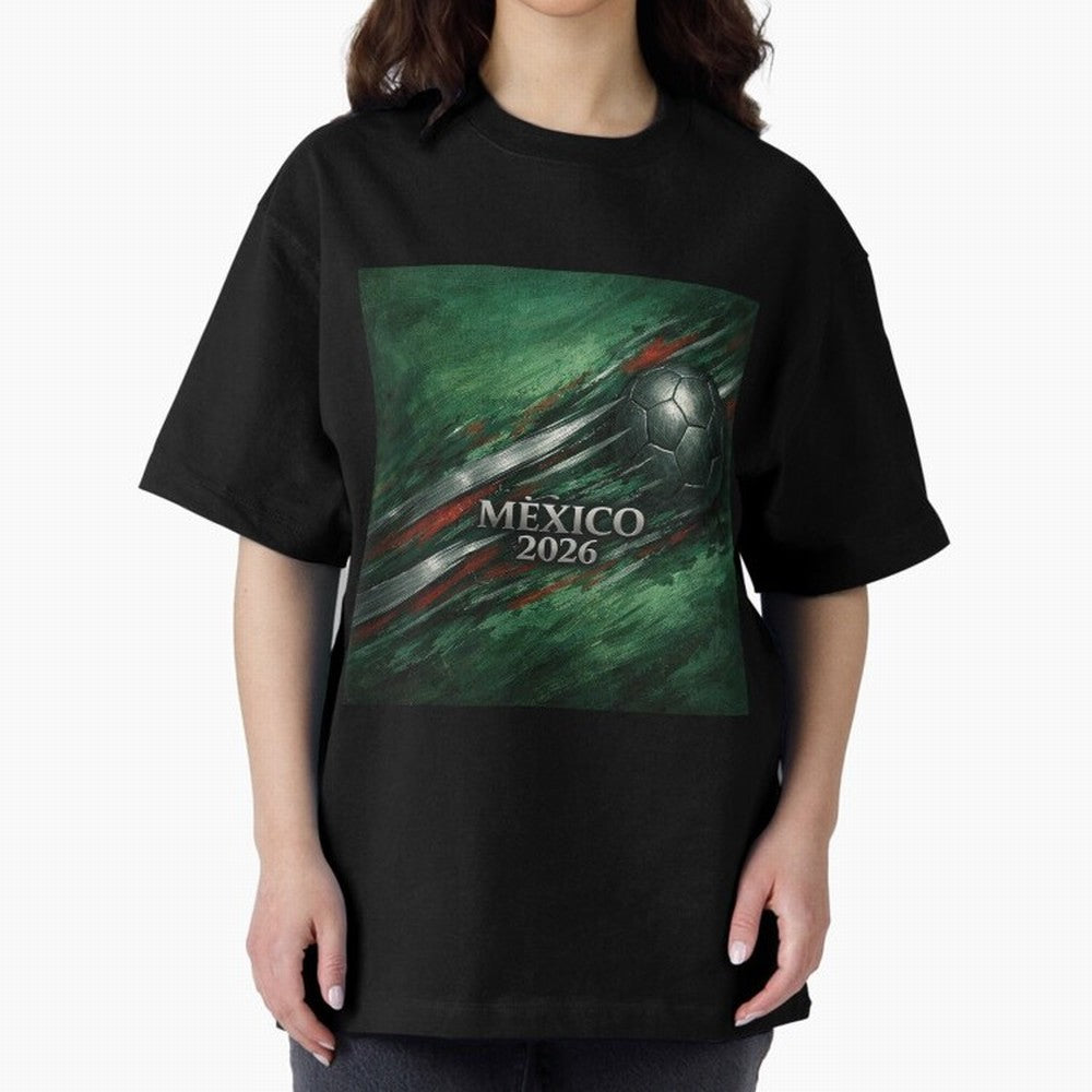 Mexico 2026 Football with Metallic Silver Line Oversized T-Shirt Show Love for Legendary Goals in Match Day Hype around FIFA World Cup 2026 Group Stage, Haaland, Brazil, Portugal and Argentina, Football Passion, Legendary Performances, Festival