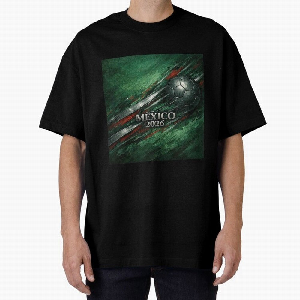 Mexico 2026 Football with Metallic Silver Line Oversized T-Shirt Show Love for Legendary Goals in Match Day Hype around FIFA World Cup 2026 Group Stage, Haaland, Brazil, Portugal and Argentina, Football Passion, Legendary Performances, Festival