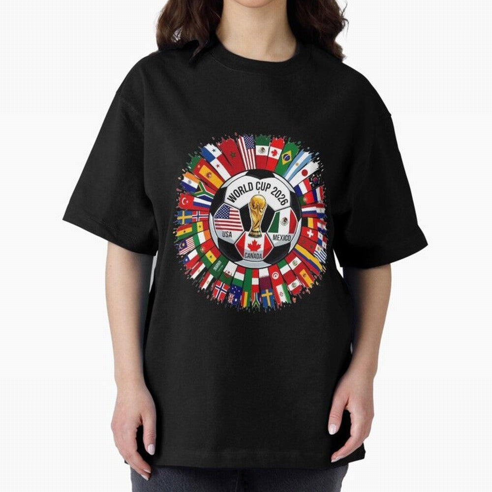 USA Canada Mexico 2026 Football Celebration Fan Art Oversized T-Shirt Show Fan Pride Across Match Day Hype around FIFA World Cup 2026 Group Stage, Messi, Neymar and Mbappe, Argentina, France and Brazil, Worldwide Fan Energy, Dramatic Goals, Stadium