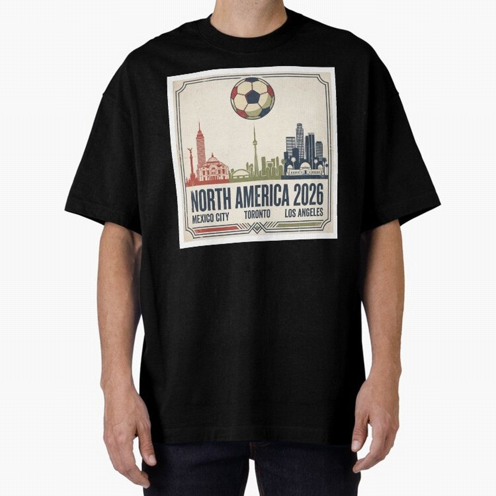 Retro North America 2026 Soccer Vintage Graphic Oversized T-Shirt Get Ready for Global Football Passion for FIFA World Cup 2026 USA Canada Mexico, Driven by Cristiano Ronaldo, Spain, Football Festival Excitement, Trophy Ambitions, Country Rivalries