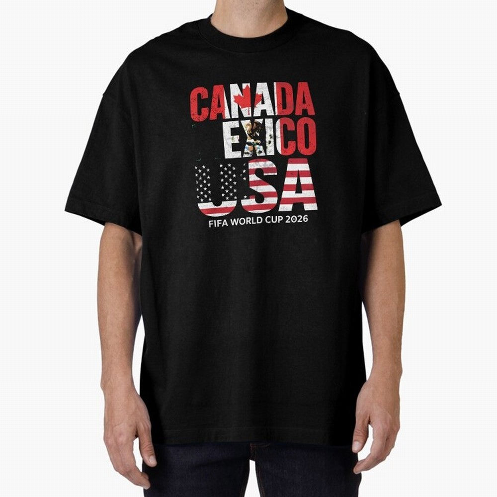 United 2026 World Cup - Canada, Mexico, USA Flags T-Shirt_83138002 Oversized T-Shirt Celebrate the Biggest Stage of Match Day Hype around FIFA World Cup 2026 Group Stage, Messi and Cristiano Ronaldo, Spain, Championship Spirit, Famous Goals,