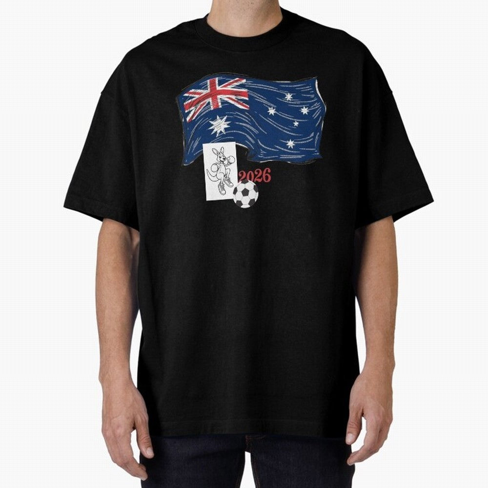 Australia 2026 Soccer Pride - Boxing Kangaroo & Dynamic Waving Flag. Oversized T-Shirt Celebrate Rivalries and Pride in FIFA World Cup 2026 USA Canada Mexico Connected to Mbappe and Neymar, Spain Energy, Stadium Chants, National Pride, Trophy