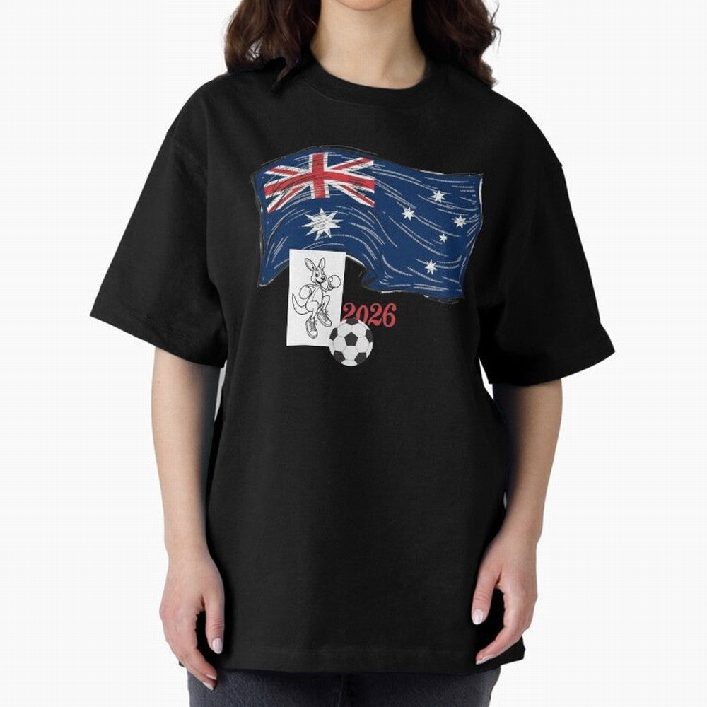 Australia 2026 Soccer Pride - Boxing Kangaroo & Dynamic Waving Flag. Oversized T-Shirt Celebrate Rivalries and Pride in FIFA World Cup 2026 USA Canada Mexico Connected to Mbappe and Neymar, Spain Energy, Stadium Chants, National Pride, Trophy