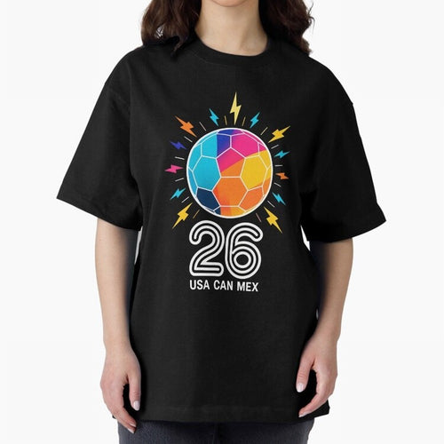 2026 Colorful Soccer Ball USA Canada Mexico 26 Oversized T-Shirt Bring a Vintage Feel to FIFA World Cup 2026 USA Canada Mexico for Fans of CR7 and Germany, Bringing Game Day Rituals, Football Legends, Country Pride and the Road to the Final;