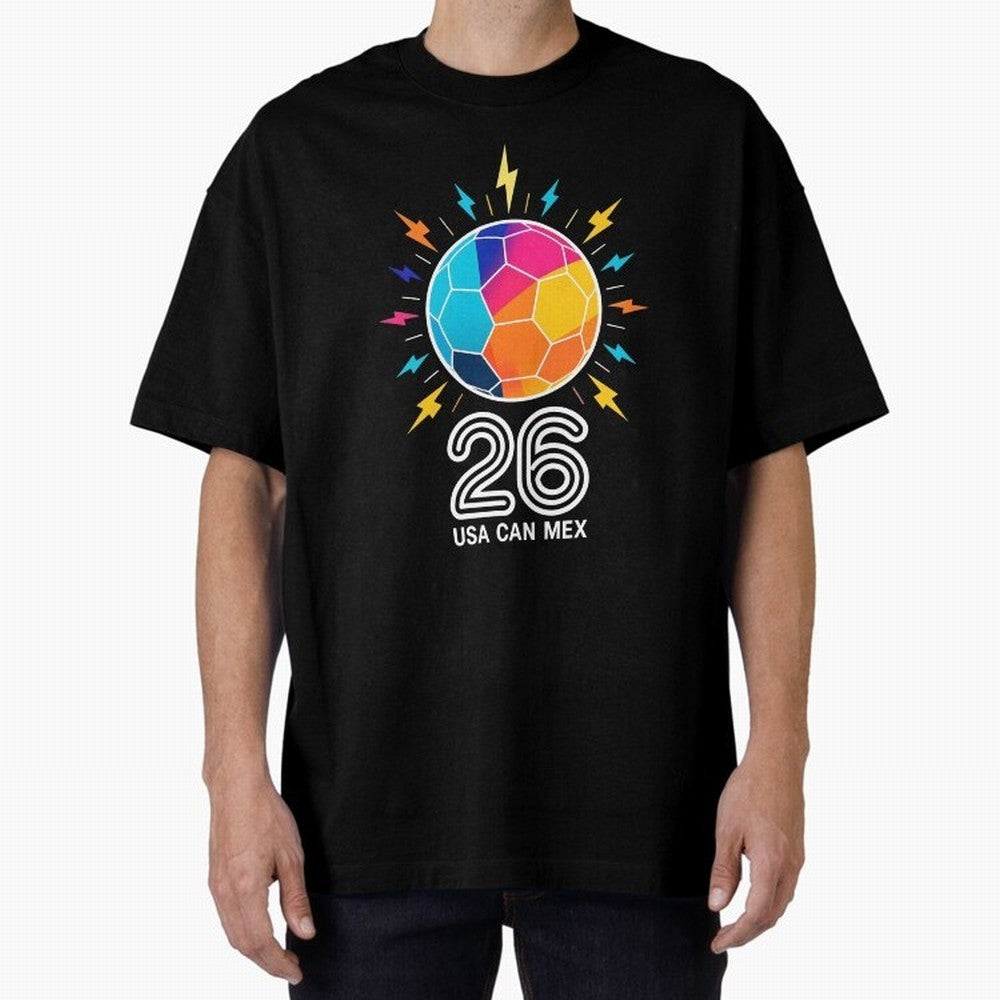 2026 Colorful Soccer Ball USA Canada Mexico 26 Oversized T-Shirt Bring a Vintage Feel to FIFA World Cup 2026 USA Canada Mexico for Fans of CR7 and Germany, Bringing Game Day Rituals, Football Legends, Country Pride and the Road to the Final;