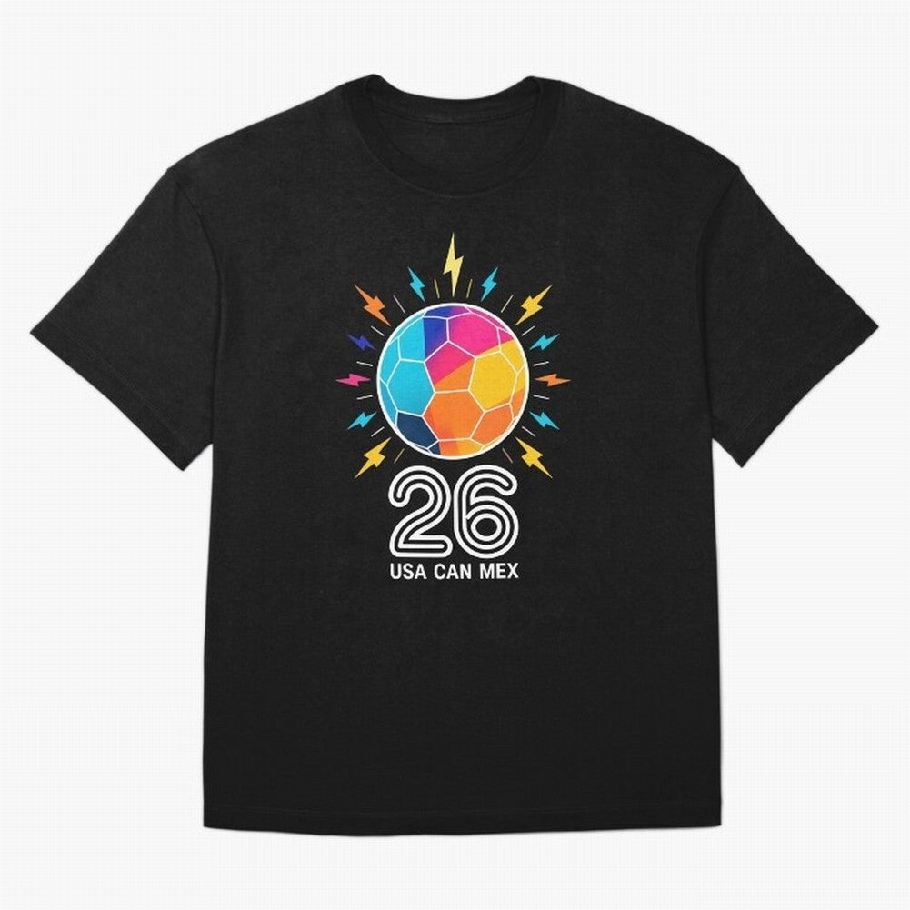 2026 Colorful Soccer Ball USA Canada Mexico 26 Oversized T-Shirt Bring a Vintage Feel to FIFA World Cup 2026 USA Canada Mexico for Fans of CR7 and Germany, Bringing Game Day Rituals, Football Legends, Country Pride and the Road to the Final;