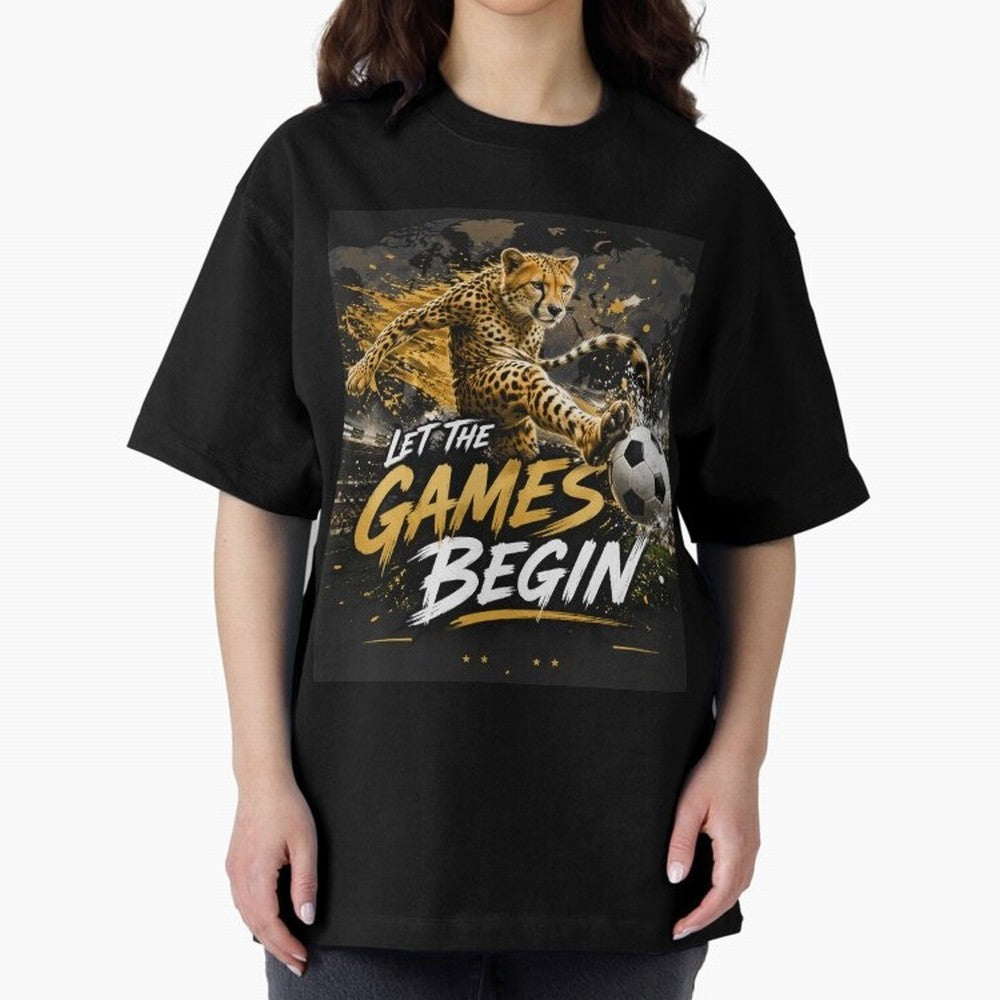 Let The Games Begin-World Cup Soccer @026 Oversized T-Shirt Refresh the FIFA World Cup 2026 Group Stage Journey through Messi, CR7 and Mbappe Highlights, Argentina Pride, Football Festival Excitement, Trophy Ambitions, Country Rivalries and Star