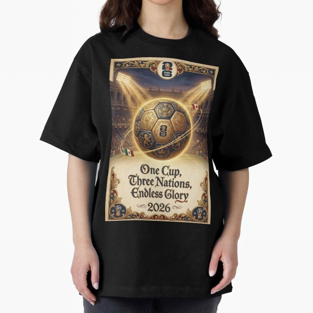 FIFA World Cup 2026 Poster Oversized T-Shirt Carry the Dream of Global Football Passion for FIFA World Cup 2026, Featuring Messi and Cristiano Ronaldo, England, France and Netherlands, Global Supporter Spirit, Legendary Goals, National Colors and