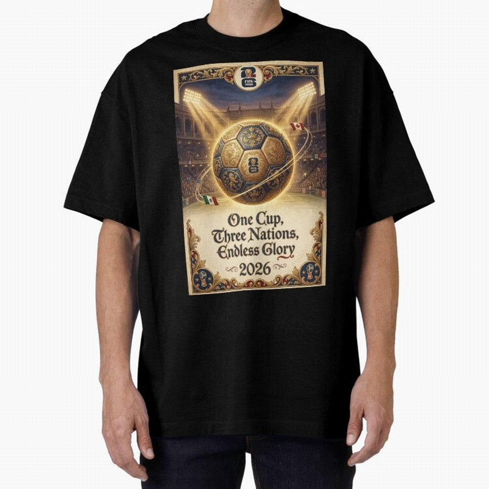 FIFA World Cup 2026 Poster Oversized T-Shirt Carry the Dream of Global Football Passion for FIFA World Cup 2026, Featuring Messi and Cristiano Ronaldo, England, France and Netherlands, Global Supporter Spirit, Legendary Goals, National Colors and