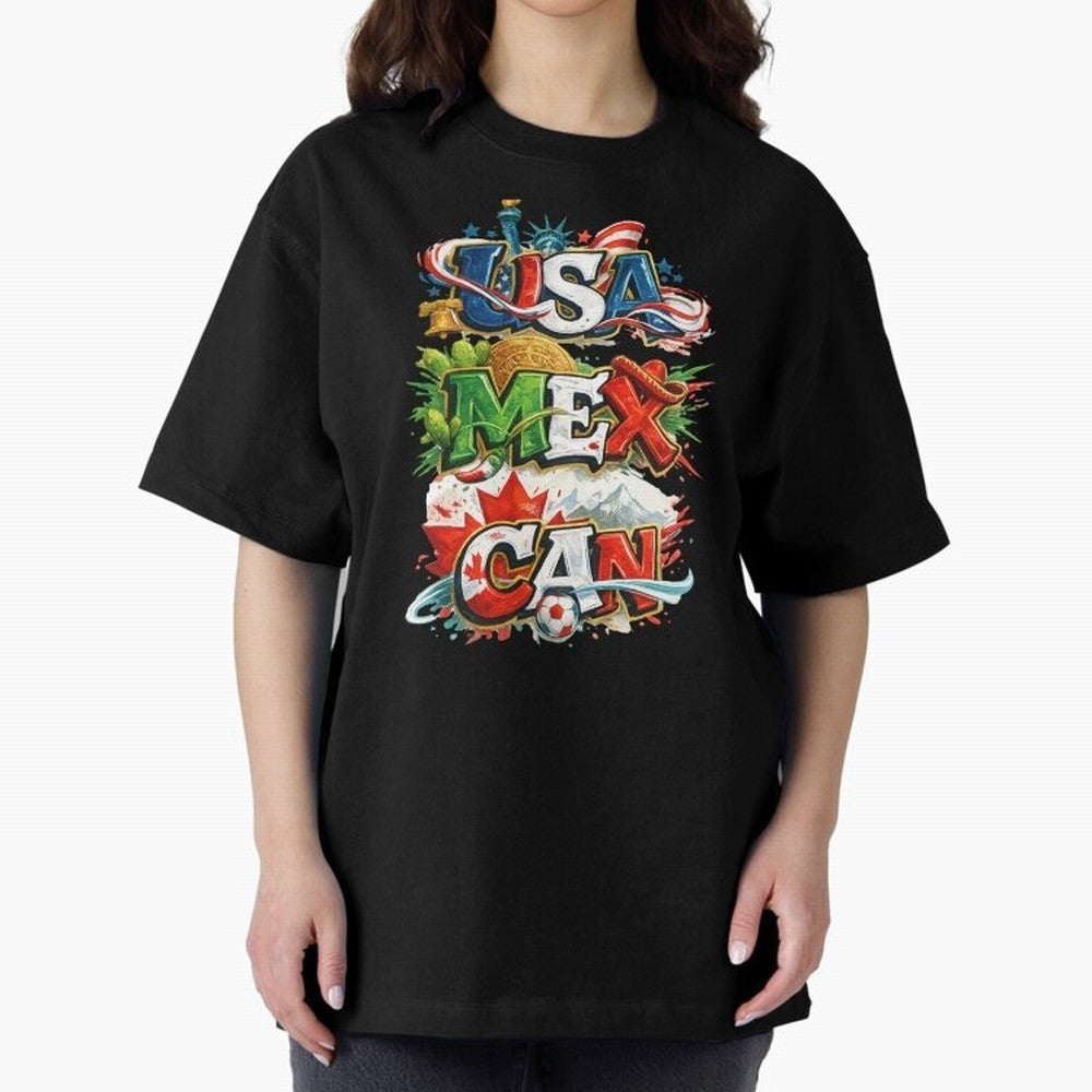 World Cup 2026 USA Canada Mexico Oversized T-Shirt Step into FIFA World Cup 2026 for Fans of Cristiano Ronaldo and France and Portugal, Bringing Retro Football Energy, Iconic Rivalries, Trophy Chase Drama and Stadium Atmosphere; Great for
