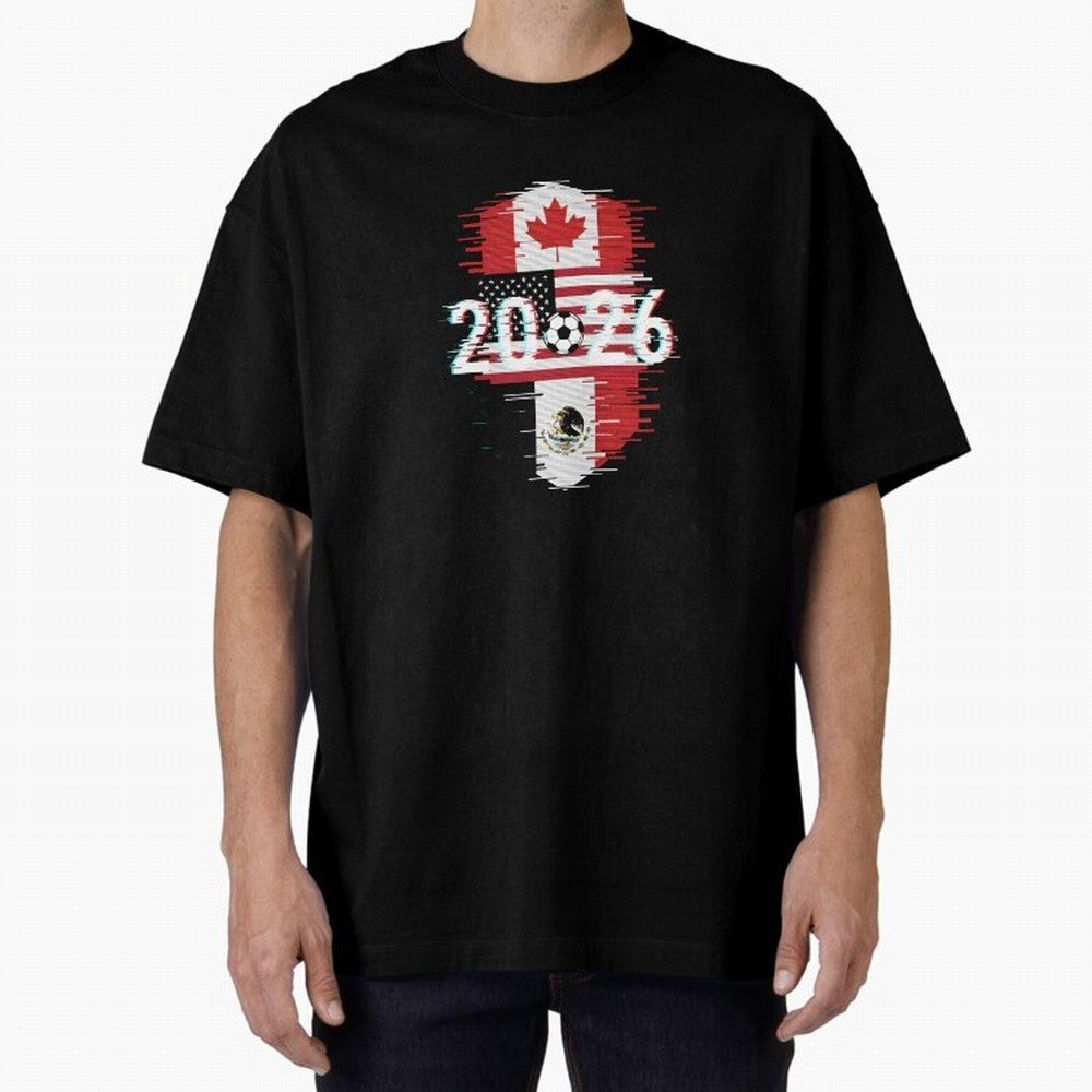 Glitched United 2026 - North America Emblem Cup T-Shirt_82794505 Oversized T-Shirt Celebrate Every Goal in Match Day Hype around FIFA World Cup 2026 USA Canada Mexico, Messi and Cristiano Ronaldo, France and Portugal, Goal Celebration Energy,