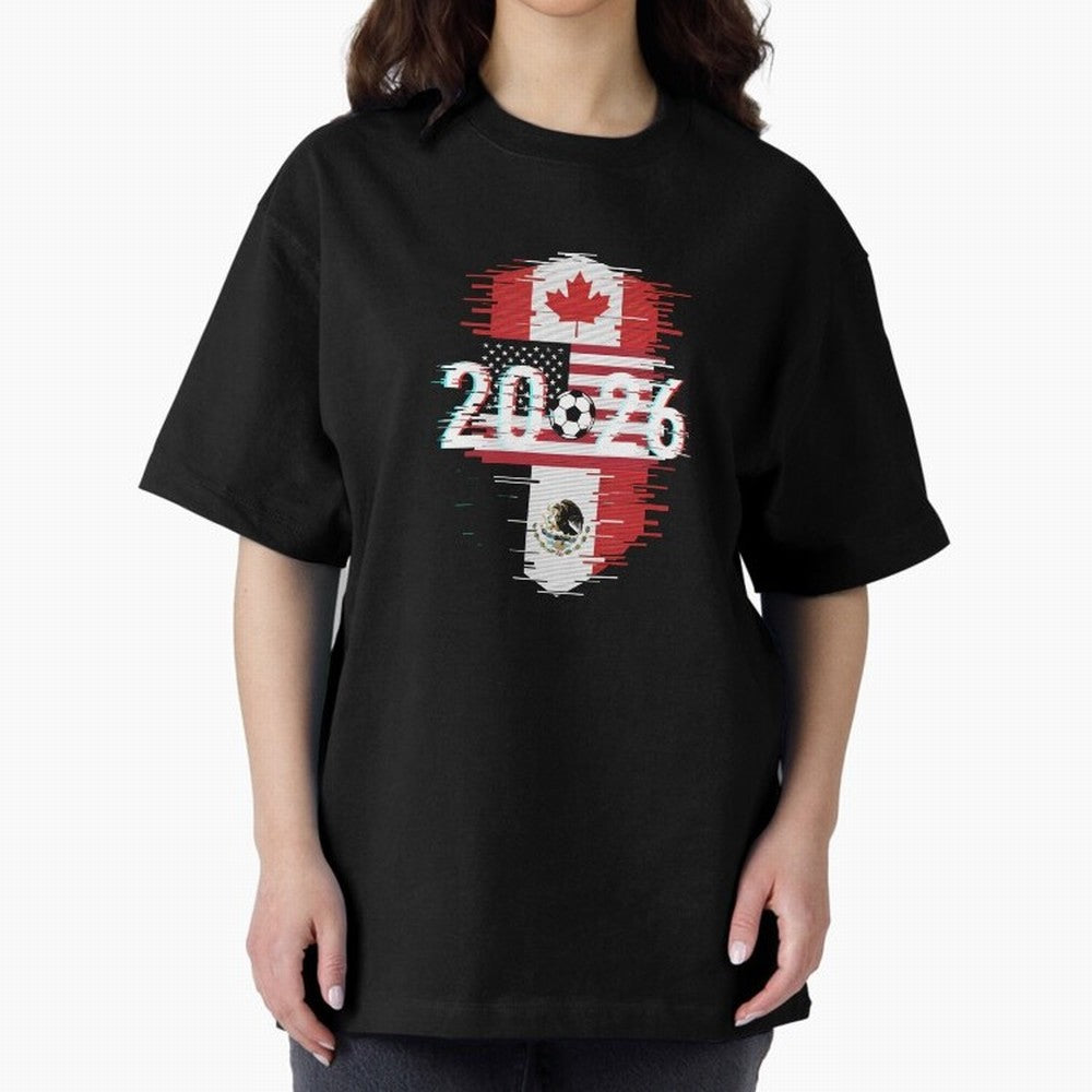 Glitched United 2026 - North America Emblem Cup T-Shirt_82794505 Oversized T-Shirt Celebrate Every Goal in Match Day Hype around FIFA World Cup 2026 USA Canada Mexico, Messi and Cristiano Ronaldo, France and Portugal, Goal Celebration Energy,
