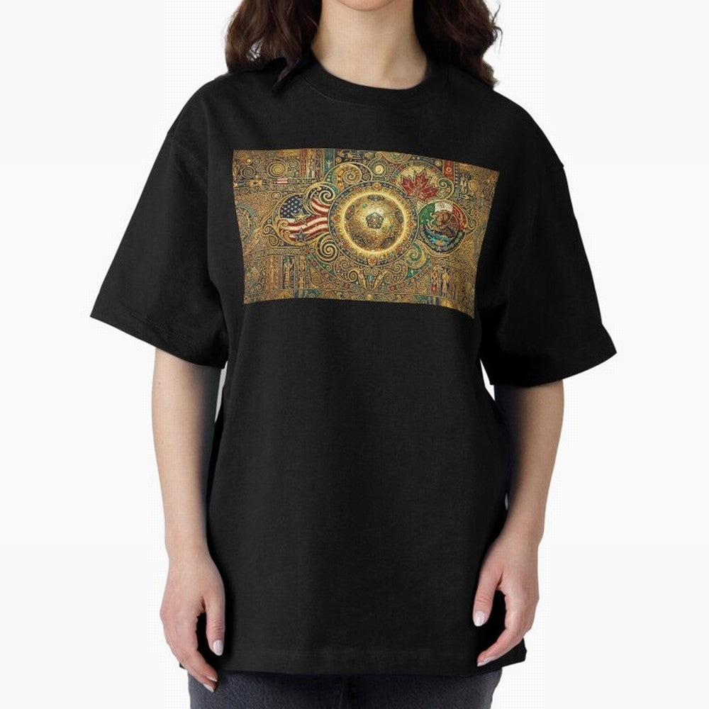 Ornate Soccer Emblem with Flags Oversized T-Shirt Support the Legends of FIFA World Cup 2026 Group Stage for Fans of Messi and Cristiano Ronaldo and England, France and Netherlands, Bringing Supporter Pride, Iconic Celebrations, Legendary Names and
