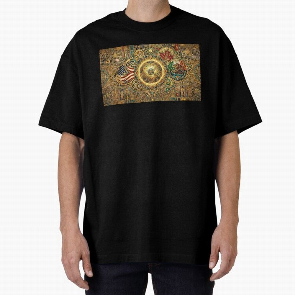 Ornate Soccer Emblem with Flags Oversized T-Shirt Support the Legends of FIFA World Cup 2026 Group Stage for Fans of Messi and Cristiano Ronaldo and England, France and Netherlands, Bringing Supporter Pride, Iconic Celebrations, Legendary Names and