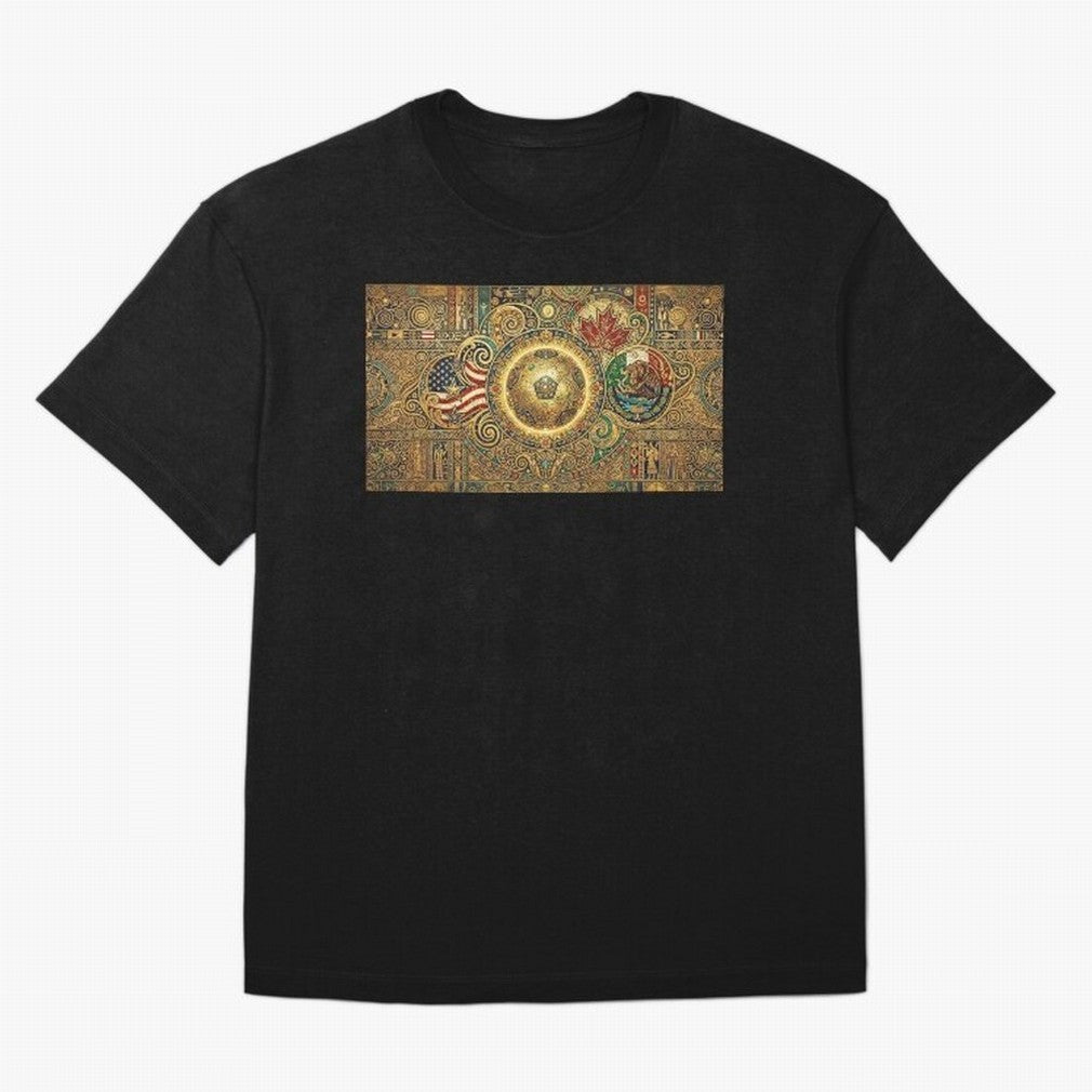 Ornate Soccer Emblem with Flags Oversized T-Shirt Support the Legends of FIFA World Cup 2026 Group Stage for Fans of Messi and Cristiano Ronaldo and England, France and Netherlands, Bringing Supporter Pride, Iconic Celebrations, Legendary Names and