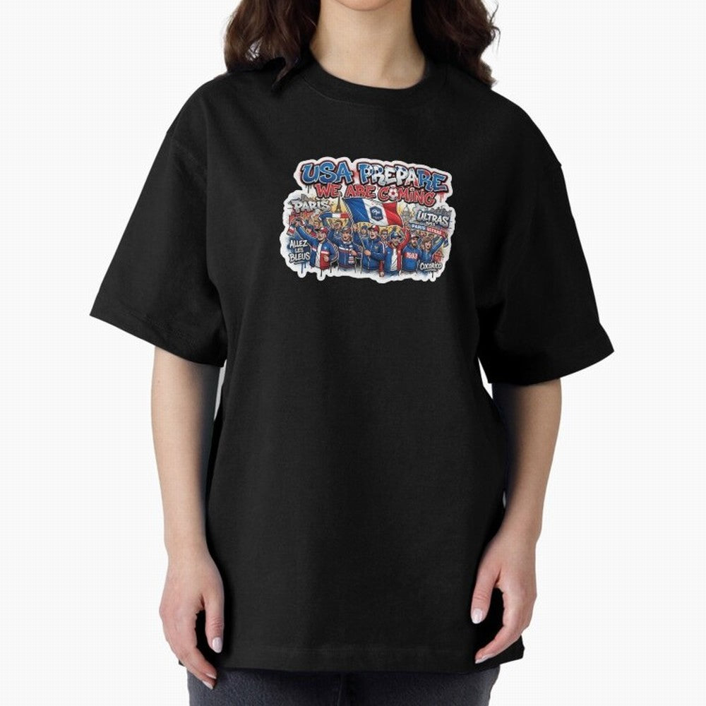France Soccer Fans 2026 Sticker We Are Coming Oversized T-Shirt Stand Proud for FIFA World Cup 2026 Group Stage Driven by Mbappe and Neymar, Brazil, Portugal and Argentina Energy, Worldwide Fan Energy, Dramatic Goals, Stadium Lights and