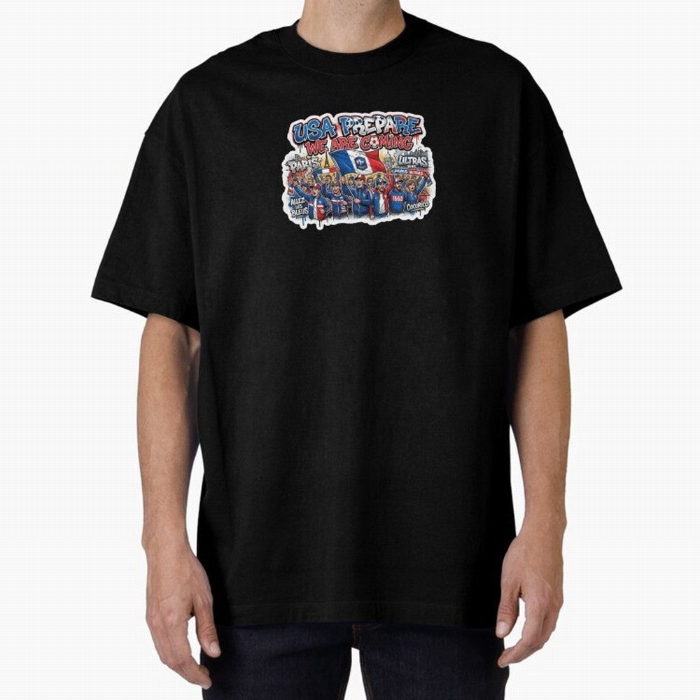 France Soccer Fans 2026 Sticker We Are Coming Oversized T-Shirt Stand Proud for FIFA World Cup 2026 Group Stage Driven by Mbappe and Neymar, Brazil, Portugal and Argentina Energy, Worldwide Fan Energy, Dramatic Goals, Stadium Lights and