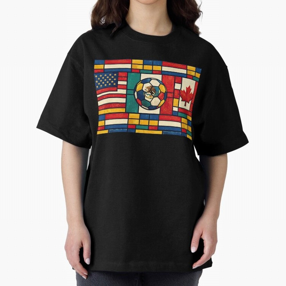 Elegant World Cup Stadiums Geometrical | Soccer Flags Mexico Canada USA Oversized T-Shirt Honor Football Greatness during FIFA World Cup 2026 USA Canada Mexico Connected to Messi and Cristiano Ronaldo, Spain and Netherlands Energy, Football