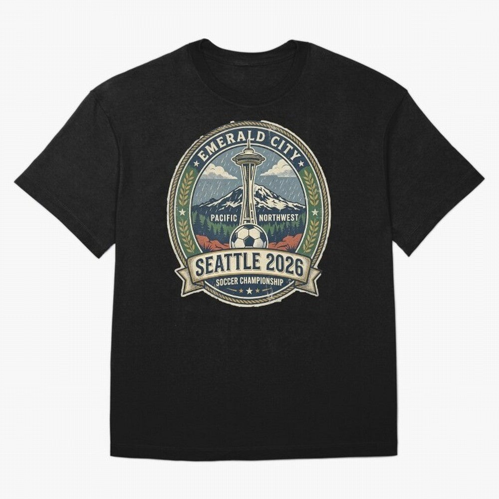 Seattle 2026 World Cup Host City Vintage Football Badge ¡ª Emerald City Space Needle Soccer Oversized T-Shirt Step into Match Day Hype around FIFA World Cup 2026 Group Stage, CR7, Brazil, Portugal and Argentina, Soccer Culture, Superstar Moments,