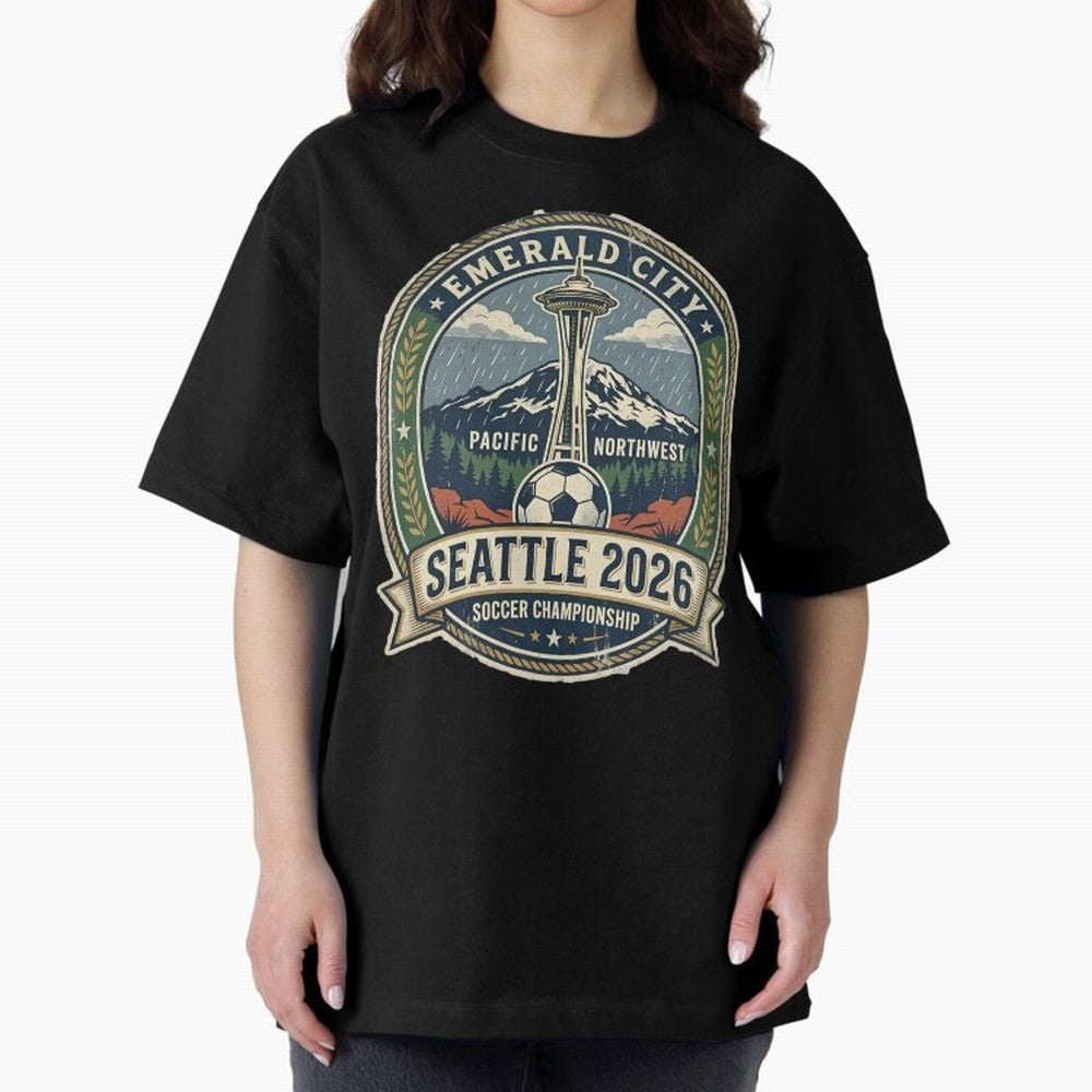 Seattle 2026 World Cup Host City Vintage Football Badge ¡ª Emerald City Space Needle Soccer Oversized T-Shirt Step into Match Day Hype around FIFA World Cup 2026 Group Stage, CR7, Brazil, Portugal and Argentina, Soccer Culture, Superstar Moments,