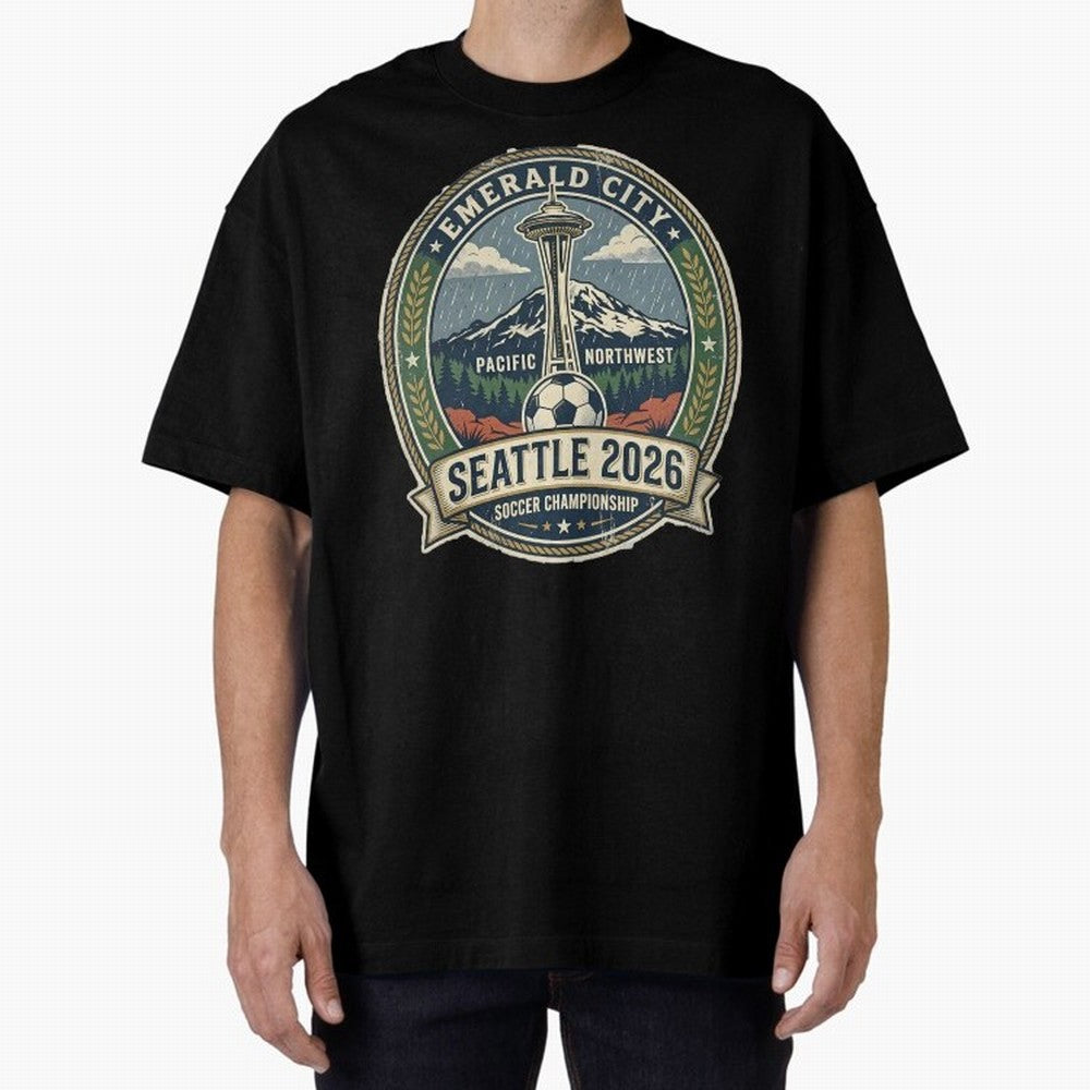 Seattle 2026 World Cup Host City Vintage Football Badge ¡ª Emerald City Space Needle Soccer Oversized T-Shirt Step into Match Day Hype around FIFA World Cup 2026 Group Stage, CR7, Brazil, Portugal and Argentina, Soccer Culture, Superstar Moments,