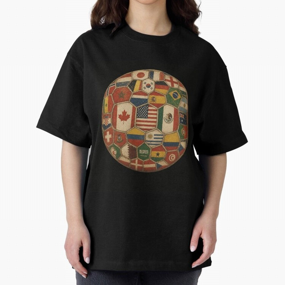 Vintage World Flags Soccer Ball,2026 International Football Graphic Gifts Tee Oversized T-Shirt Celebrate Football Heritage in the FIFA World Cup 2026 Group Stage Journey through CR7 and Messi Highlights, Argentina and Brazil Pride, Vintage Soccer