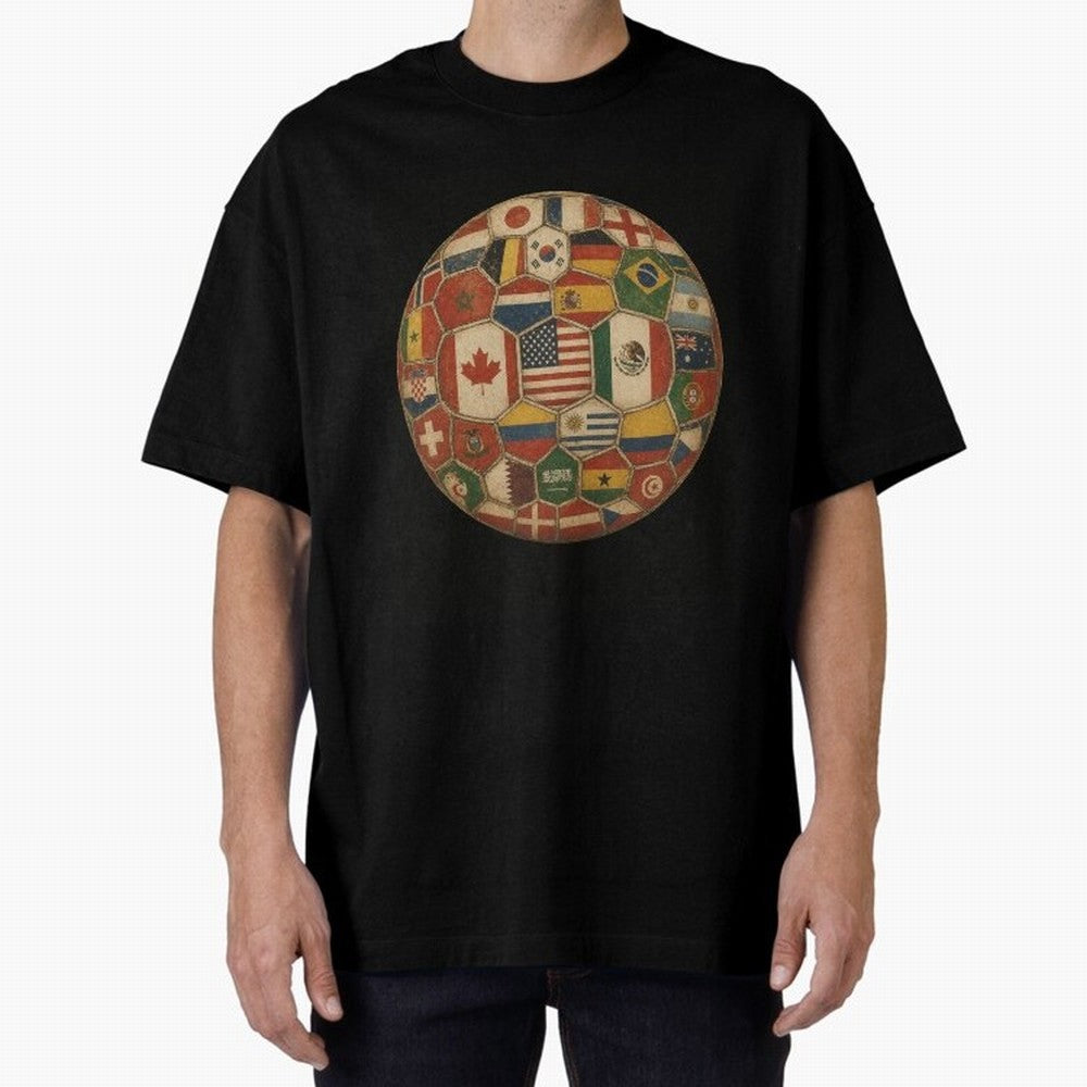 Vintage World Flags Soccer Ball,2026 International Football Graphic Gifts Tee Oversized T-Shirt Celebrate Football Heritage in the FIFA World Cup 2026 Group Stage Journey through CR7 and Messi Highlights, Argentina and Brazil Pride, Vintage Soccer
