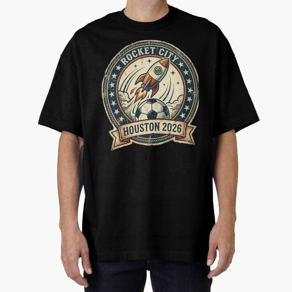 Houston 2026 World Cup Host City Vintage Football Badge ¡ª Rocket City Space Soccer Crest Design Oversized T-Shirt Stand Proud for the FIFA World Cup 2026 USA Canada Mexico Journey through Neymar, Haaland and Cristiano Ronaldo Highlights, France