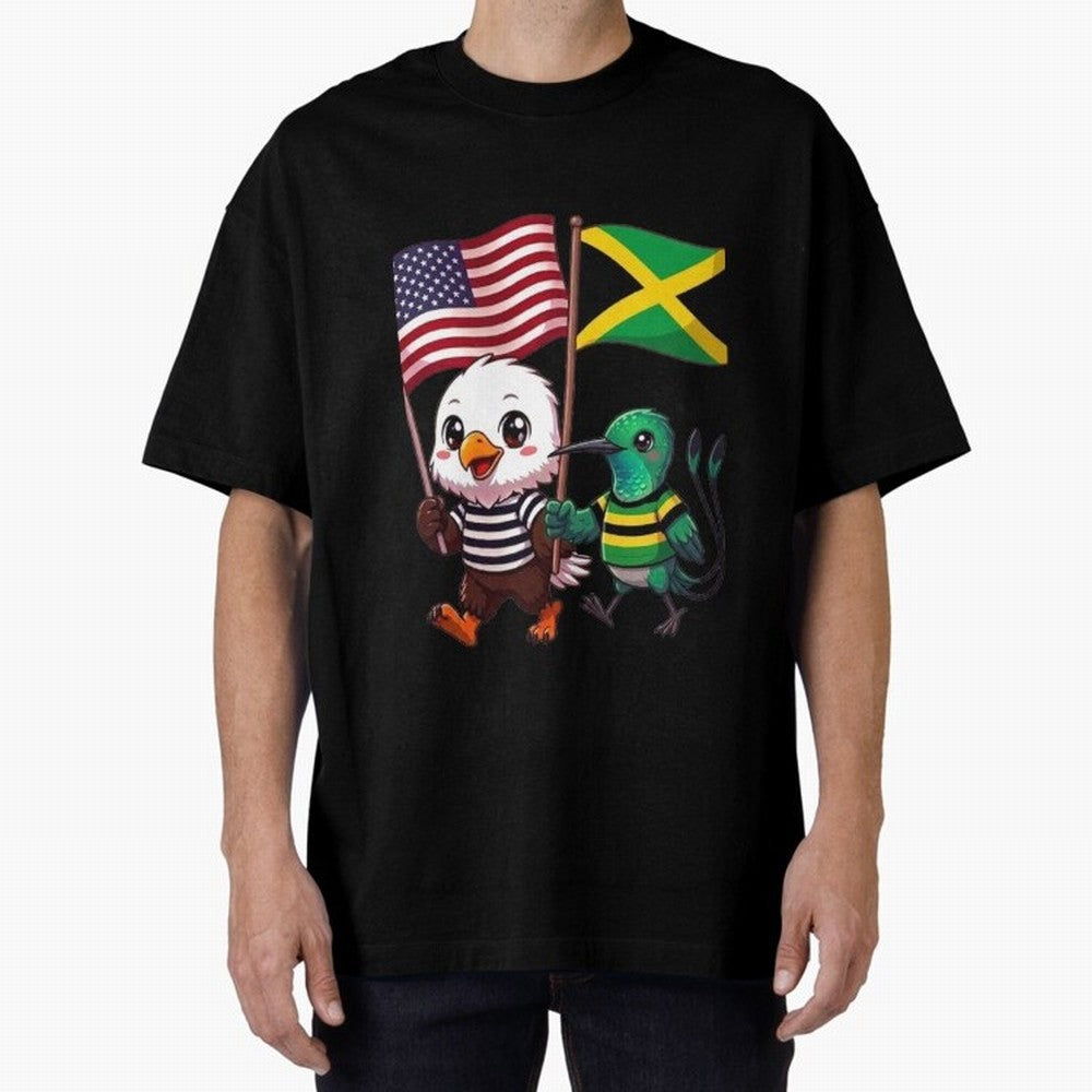 The American eagle and its friend, the Jamaican hummingbird Oversized T-Shirt Capture the FIFA World Cup 2026 Group Stage Journey through Haaland and Mbappe Highlights, Argentina and Brazil Pride, Worldwide Fan Energy, Dramatic Goals, Stadium
