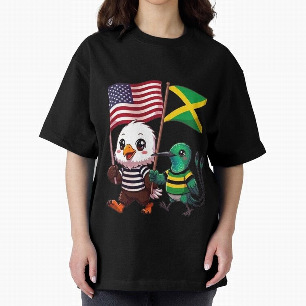 The American eagle and its friend, the Jamaican hummingbird Oversized T-Shirt Capture the FIFA World Cup 2026 Group Stage Journey through Haaland and Mbappe Highlights, Argentina and Brazil Pride, Worldwide Fan Energy, Dramatic Goals, Stadium
