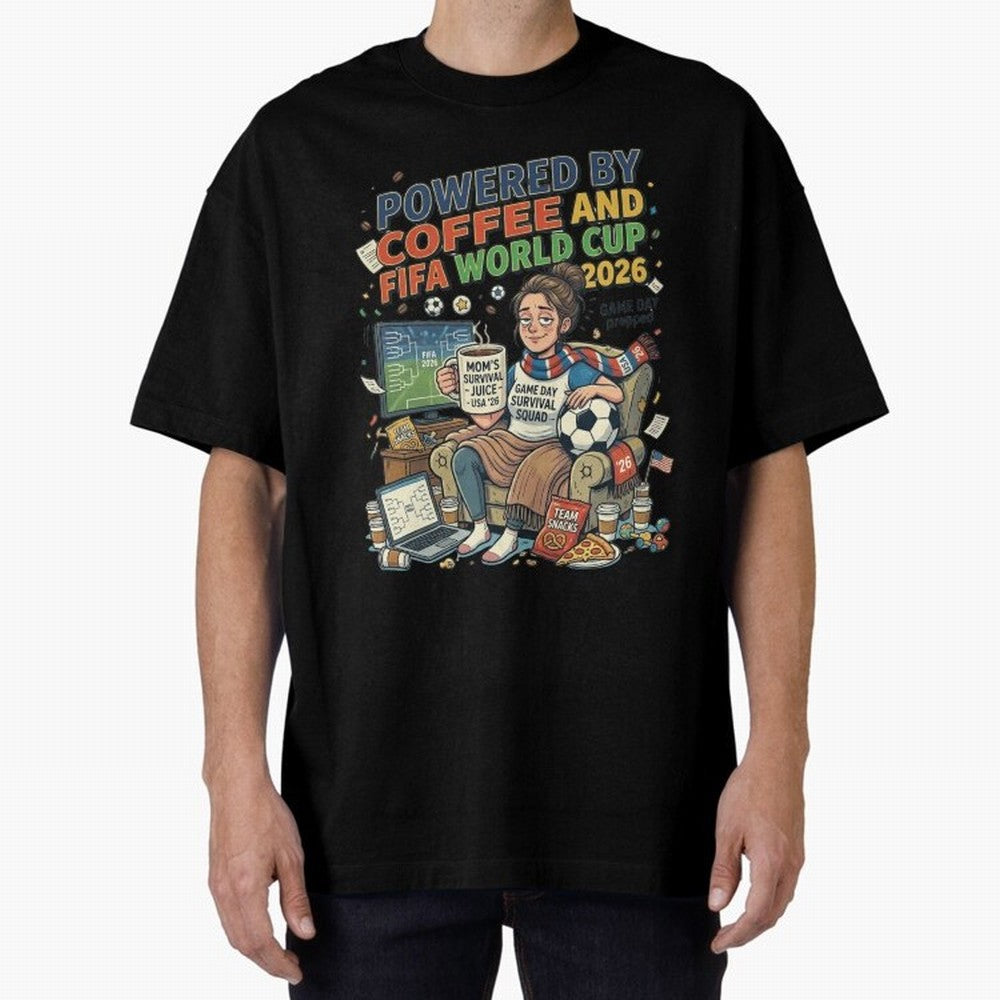 Soccer Mom Powered By Coffee And FIFA World Cup 2026 Funny USA Football Design Oversized T-Shirt Make Every Kick Count in FIFA World Cup 2026 Group Stage Filled with CR7 and Messi, Netherlands Energy, Football Festival Excitement, Trophy Ambitions,
