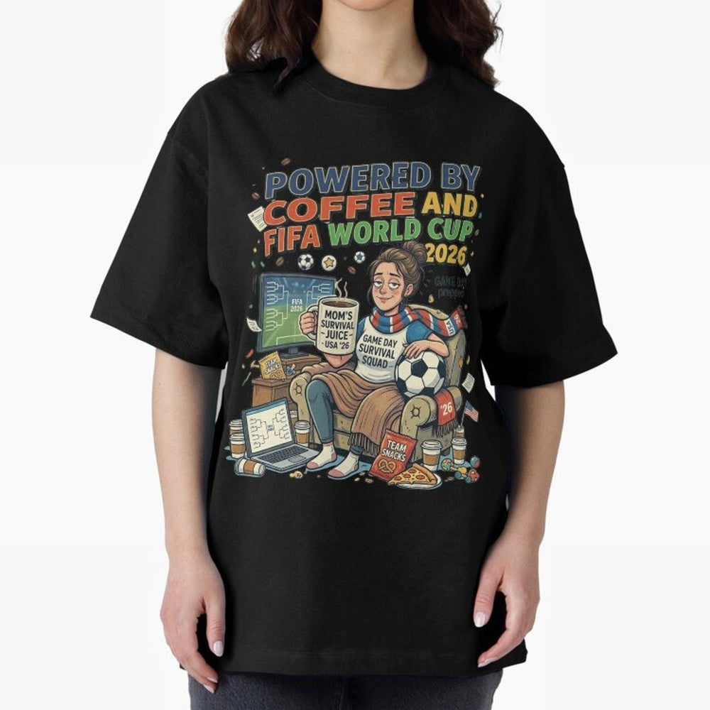 Soccer Mom Powered By Coffee And FIFA World Cup 2026 Funny USA Football Design Oversized T-Shirt Make Every Kick Count in FIFA World Cup 2026 Group Stage Filled with CR7 and Messi, Netherlands Energy, Football Festival Excitement, Trophy Ambitions,