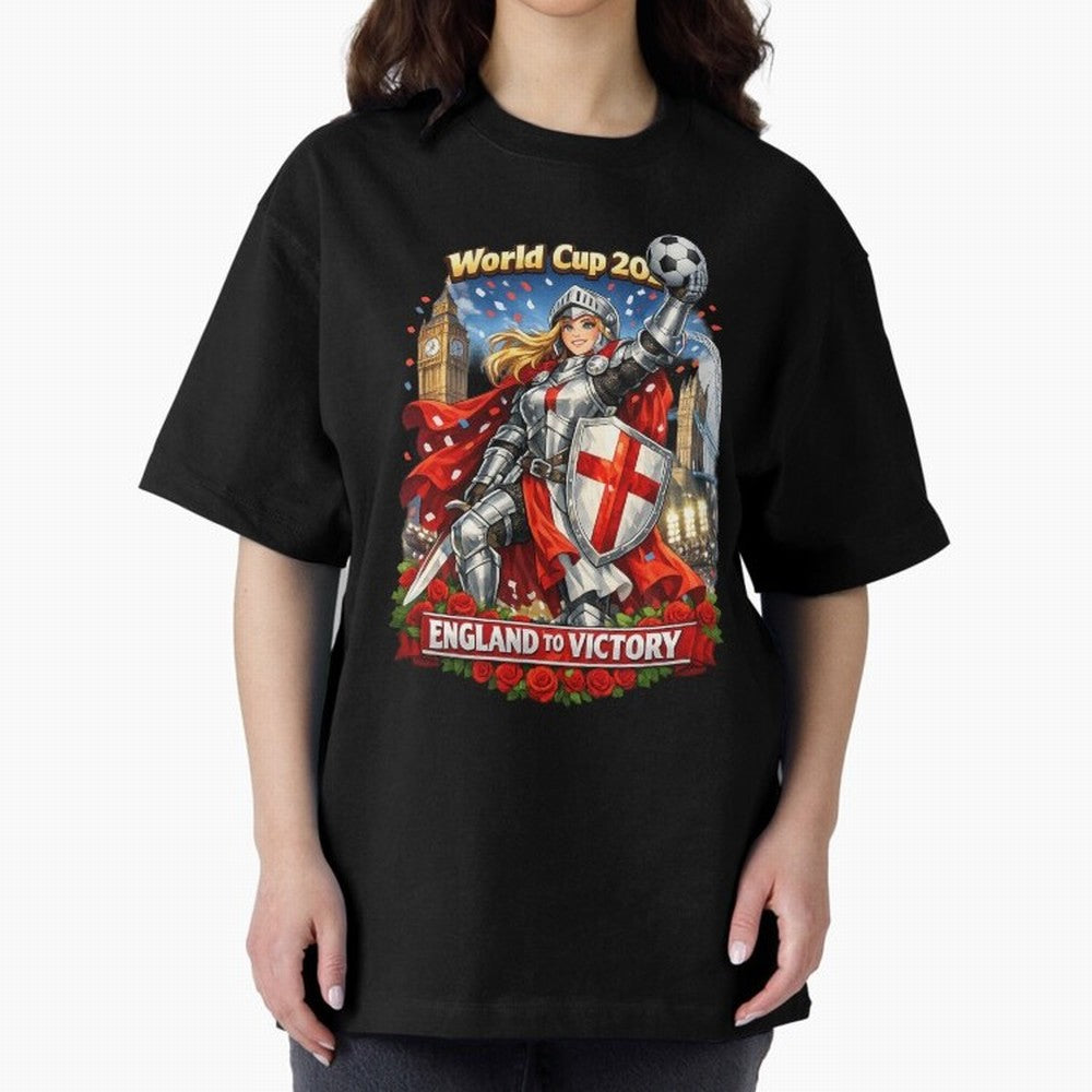 England To Victory Knight World Cup 2026 Oversized T-Shirt Join the Countdown to FIFA World Cup 2026 USA Canada Mexico for Fans of Neymar, Haaland and Cristiano Ronaldo and Argentina, Bringing Stadium Chants, National Pride, Trophy Dreams and