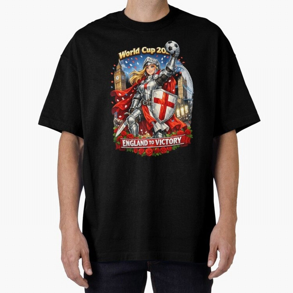 England To Victory Knight World Cup 2026 Oversized T-Shirt Join the Countdown to FIFA World Cup 2026 USA Canada Mexico for Fans of Neymar, Haaland and Cristiano Ronaldo and Argentina, Bringing Stadium Chants, National Pride, Trophy Dreams and