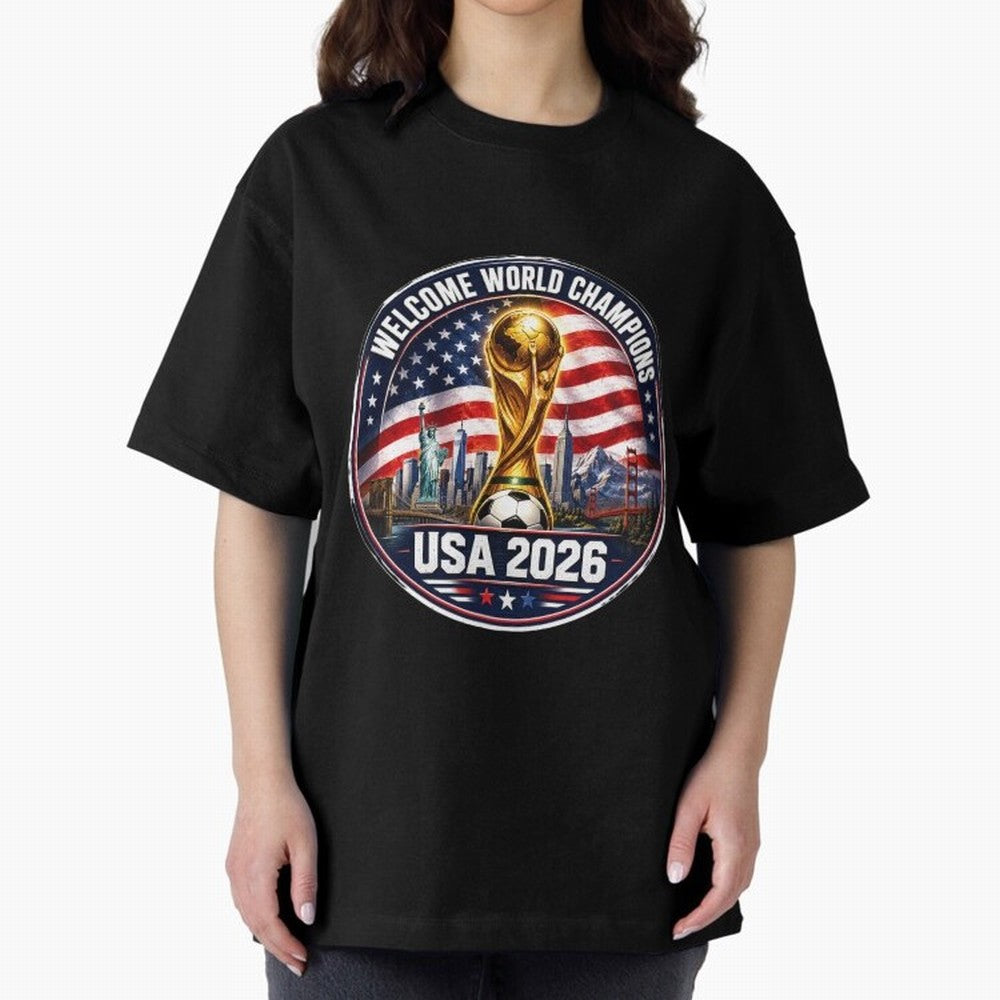 World Cup 2026 Celebration T-Shirt | USA Canada Mexico Soccer Fan Tee Oversized T-Shirt Feel International Energy from Global Football Passion for FIFA World Cup 2026, Highlighting Messi, Neymar and Mbappe, Brazil, Portugal and Argentina, Football