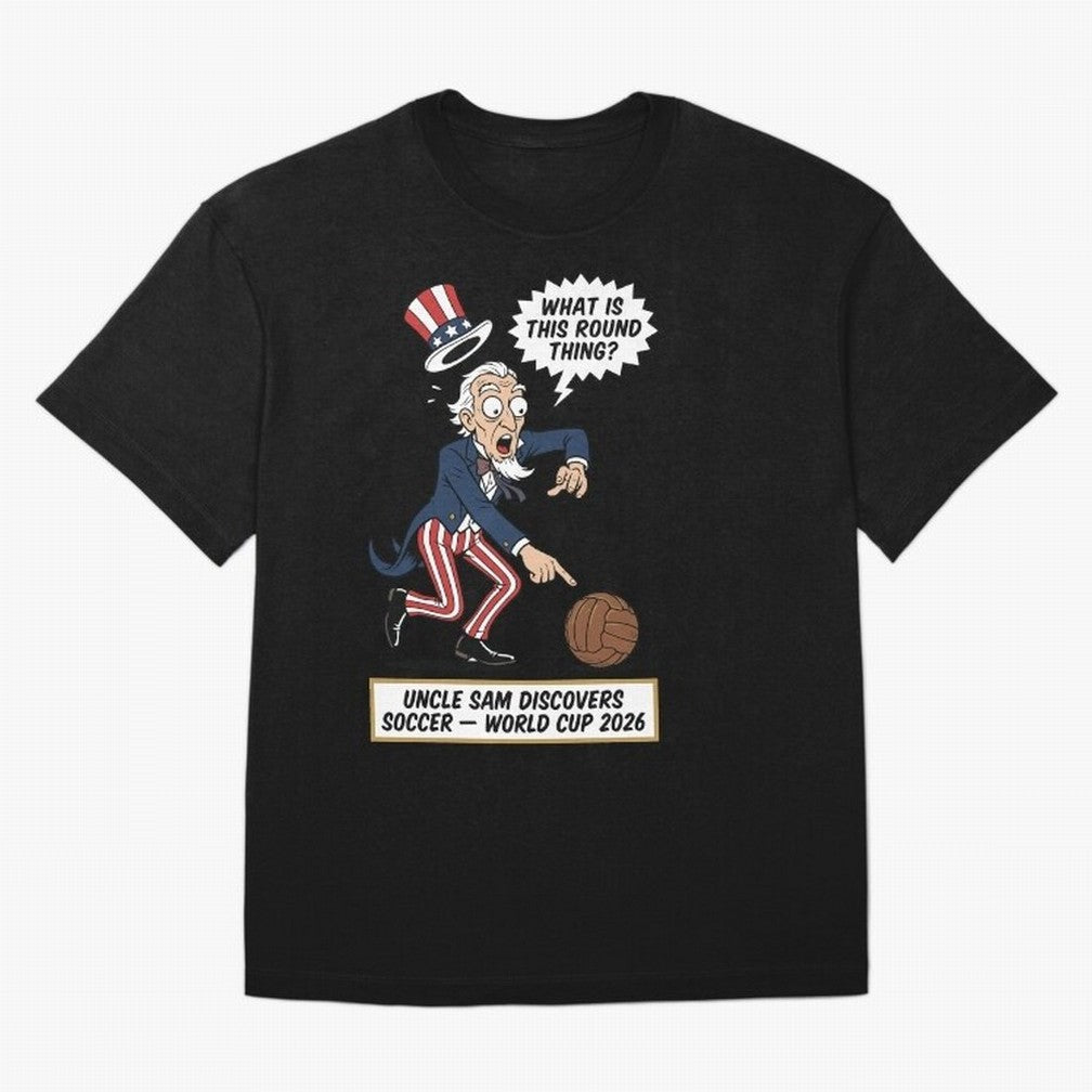 Uncle Sam Discovers Soccer ¡ª V4 Oversized T-Shirt Join Supporters Worldwide for FIFA World Cup 2026 Group Stage with Haaland, Brazil Energy, Goal Celebration Energy, Supporter Heritage, Football Icons and Worldwide Tournament Joy; Ideal for