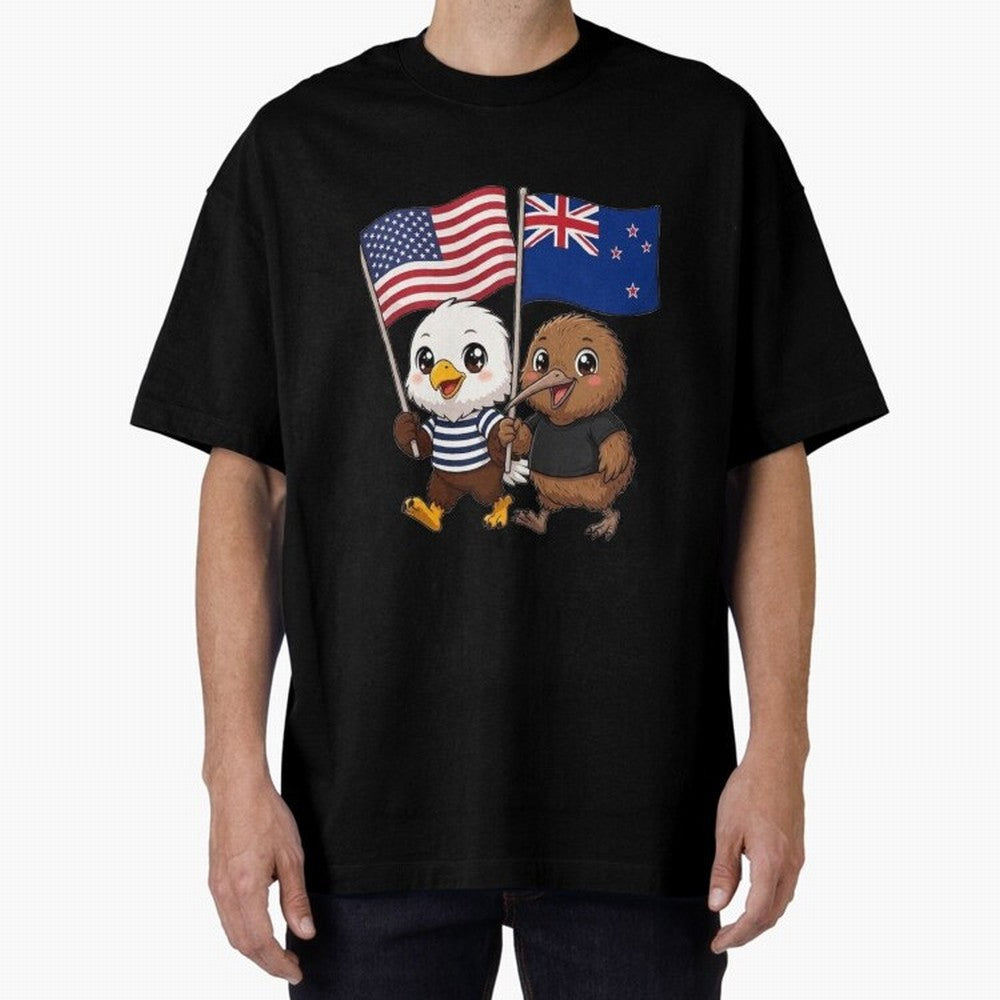 the American eagle and its friend the New Zealand kiwi Oversized T-Shirt Bring International Match Energy to Global Football Passion for FIFA World Cup 2026 Group Stage, Driven by Messi, CR7 and Mbappe, Brazil, Global Supporter Spirit, Legendary
