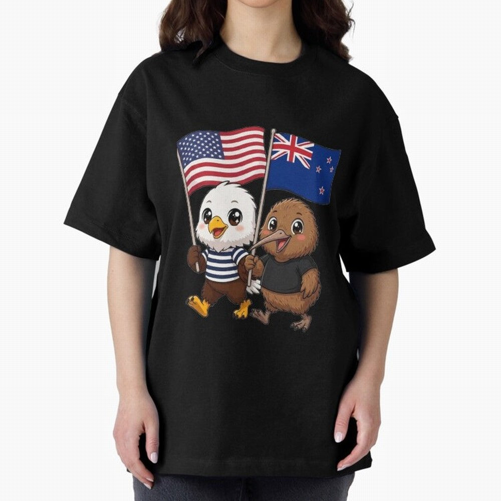the American eagle and its friend the New Zealand kiwi Oversized T-Shirt Bring International Match Energy to Global Football Passion for FIFA World Cup 2026 Group Stage, Driven by Messi, CR7 and Mbappe, Brazil, Global Supporter Spirit, Legendary