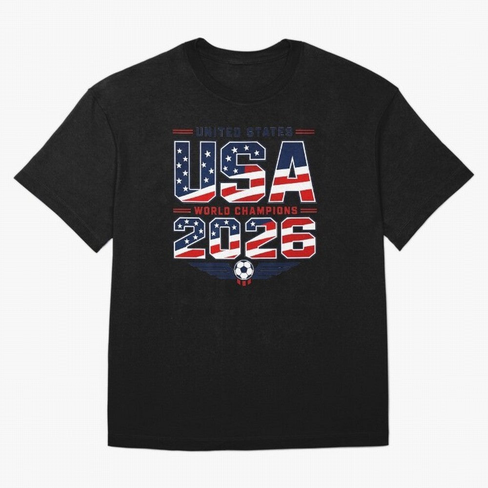 USA World Champions 2026 ¨C Patriotic Soccer Fan Shirt Oversized T-Shirt Represent FIFA World Cup 2026 Group Stage Spirit, Centered on France and Portugal, Haaland, Football History, Final Match Energy, Crowd Noise and Once in a Lifetime Moments;