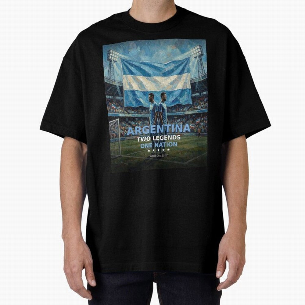 Argentina Two Legends One Nation - World Cup 2026 Soccer Fan Tee Oversized T-Shirt Show Fan Pride Across FIFA World Cup 2026 Spirit, Capturing Netherlands, Messi, Neymar and Mbappe, Vintage Soccer Flavor, Modern Football Stars, National Flags and