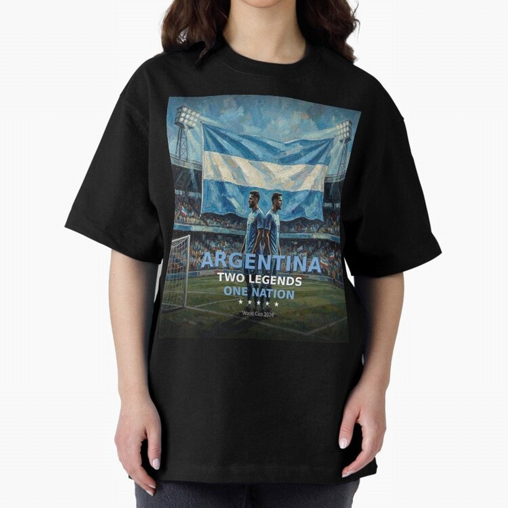 Argentina Two Legends One Nation - World Cup 2026 Soccer Fan Tee Oversized T-Shirt Show Fan Pride Across FIFA World Cup 2026 Spirit, Capturing Netherlands, Messi, Neymar and Mbappe, Vintage Soccer Flavor, Modern Football Stars, National Flags and