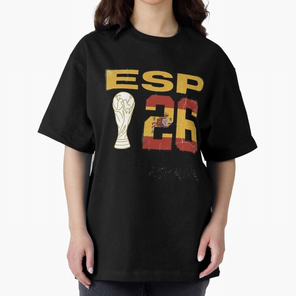 Spain Football World Cup 2026 - Vintage ESP 26 Flag Design Oversized T-Shirt Support Iconic Players in FIFA World Cup 2026 Spirit, Highlighting Netherlands, Neymar, Tournament Hype, Historic Matchups, Family Viewing Parties and Global Sports Pride;