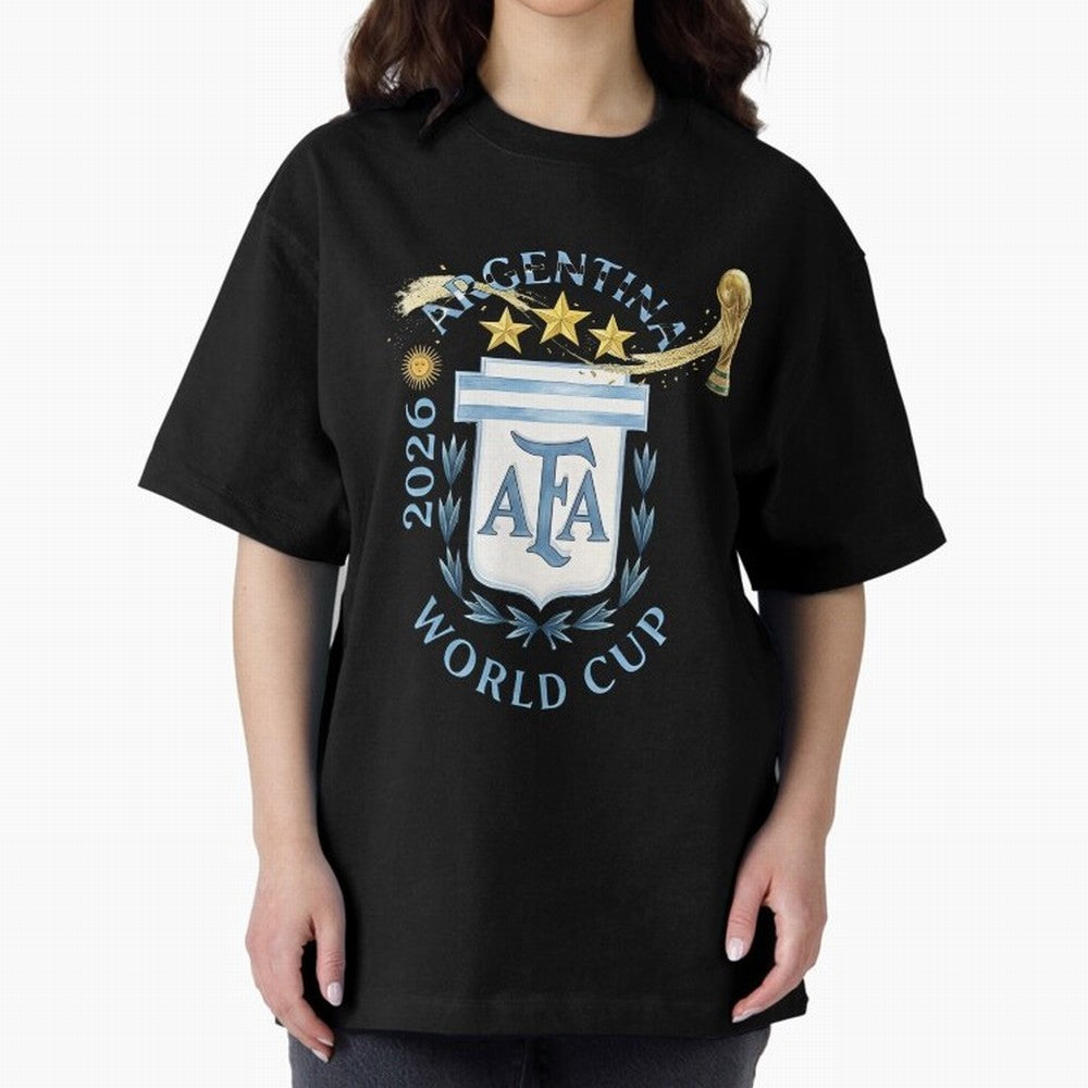 Argentina Football Champion World Cup 2026 - Gold Stars Watercolor Oversized T-Shirt Show Championship Spirit for FIFA World Cup 2026 for Fans of Messi, CR7 and Mbappe and Brazil, Bringing Sports Nostalgia, International Competition, Famous Players