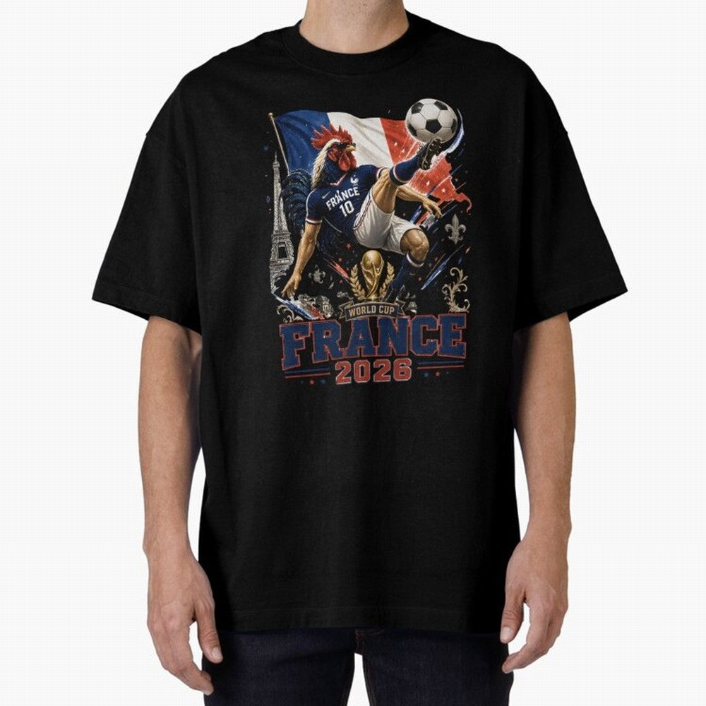 France Football World Cup 2026 Retro Rooster Kick - Les Bleus Oversized T-Shirt Share the Excitement of Match Day Hype around FIFA World Cup 2026 Group Stage, Cristiano Ronaldo, Argentina and Brazil, Retro Football Energy, Iconic Rivalries, Trophy